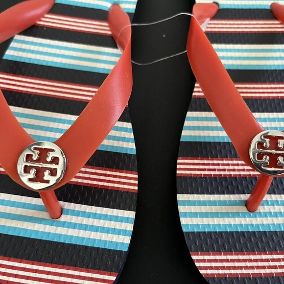 - TORY BURCH RED THONG FLAT FLIP FLOP SUMMER RUBBER BEACH POOL SHOES 7 - Picture 3 of 6